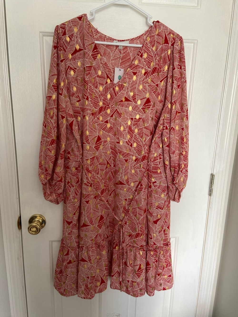 Skies Are Blue Red Printed Long-Sleeve Midi Dress with Yellow Accents